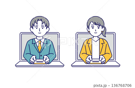 パソコンのオンラインで名刺交換をする男性ビジネスマンのイラスト素材 136768706