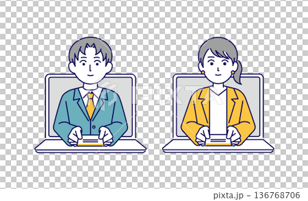 パソコンのオンラインで名刺交換をする男性ビジネスマンのイラスト素材 136768706