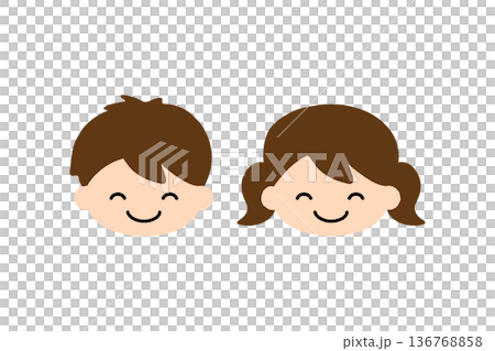 微笑兒童頭像圖示集 | 白色背景上的男孩女孩扁平化頭像插圖 136768858