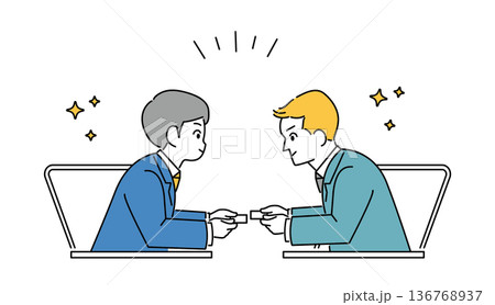 パソコンのオンラインで名刺交換をする男性ビジネスマンのイラスト素材 136768937