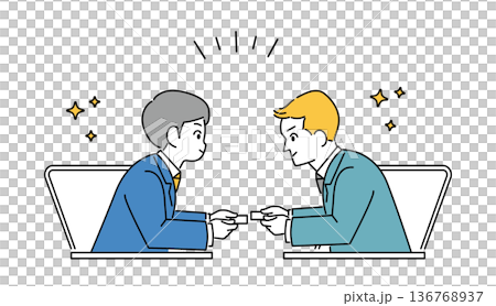 パソコンのオンラインで名刺交換をする男性ビジネスマンのイラスト素材 136768937