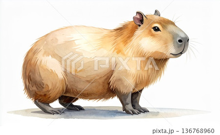 カピバラの全身水彩画イラスト。のんびりした表情の動物、手書き風の温かいペット・野生動物イラスト素材 136768960