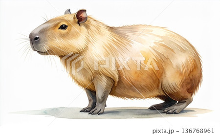 カピバラの全身水彩画イラスト。のんびりした表情の動物、手書き風の温かいペット・野生動物イラスト素材 カピバラの全身水彩画イラスト。のんびりした表情の動物、手書き風の温かいペット・野生動物イラスト素材 136768961