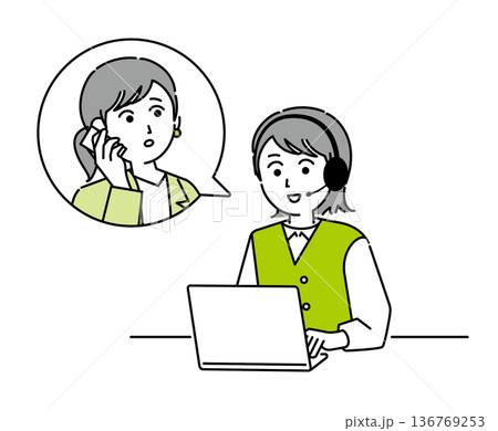 コールセンターで働く女性が困っている顧客とオンラインで通話するイラスト素材 136769253