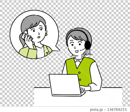 コールセンターで働く女性が困っている顧客とオンラインで通話するイラスト素材 136769253