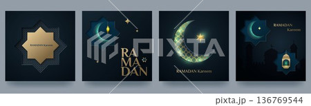 A set of Ramadan Kareem greeting cards. Patterns, paper-cut Arabic windows in Islamic style, and gradients. Dark background. Suitable for greeting cards, banners, and advertising A set of Ramadan Kareem greeting cards. Patterns, paper-cut Arabic windows in Islamic style, and gradients. Dark background. Suitable for greeting cards, banners, and advertising 136769544
