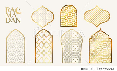 A set of Arabic windows with traditional Islamic patterns. Vector 136769548