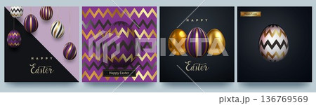A set of Easter cards, website banners, posters, flyers, and covers. Stylish design with gold embossing. 3D Easter eggs in gold and purple A set of Easter cards, website banners, posters, flyers, and covers. Stylish design with gold embossing. 3D Easter eggs in gold and purple 136769569
