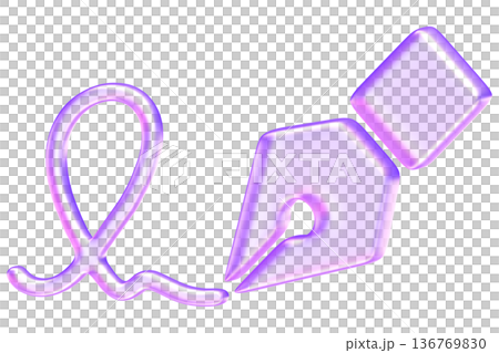 Glassmorphism fountain pen nib icon with signature stroke for creative writing, Translucent lavender digital signature tool with glossy gradient for legal and contract design 136769830