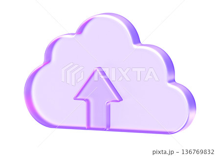 Glassmorphism cloud upload icon with upward arrow for data storage and networking, Translucent lavender cloud computing symbol with glossy gradient for backup and file transfer Glassmorphism cloud upload icon with upward arrow for data storage and networking, Translucent lavender cloud computing symbol with glossy gradient for backup and file transfer 136769832