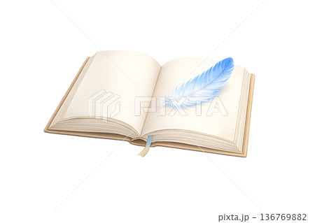 青い羽根と開いた本の水彩イラスト｜読書・学び・ひらめき・創作イメージ素材 136769882