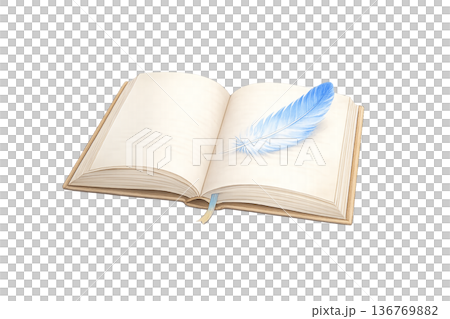 青い羽根と開いた本の水彩イラスト｜読書・学び・ひらめき・創作イメージ素材 136769882