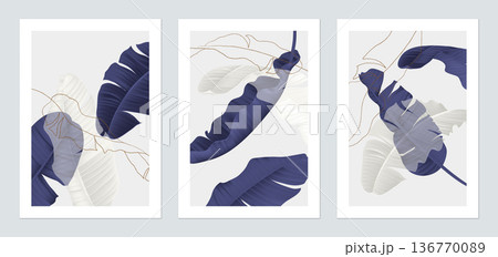 Botanical poster template design, purple and white banana leaves illustrations on grey Botanical poster template design, purple and white banana leaves illustrations on grey 136770089