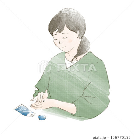 手にハンドクリームを塗る女性の手描きイラスト 136770153