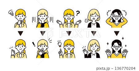 問題が解決・改善する若い複数の女性社員・OL・主婦のシンプルなベクターイラストアイコンセット 136770204