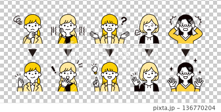 問題が解決・改善する若い複数の女性社員・OL・主婦のシンプルなベクターイラストアイコンセット 136770204