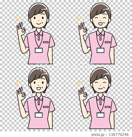Illustration of a senior woman in a polo shirt smiling and making an OK sign Illustration of a senior woman in a polo shirt smiling and making an OK sign 136770246