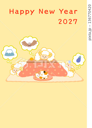 2027年未年年賀状。のんびりこたつで初夢(一富士二鷹三茄子)を見る3匹の羊のイラスト年賀状 2027年未年年賀状。のんびりこたつで初夢(一富士二鷹三茄子)を見る3匹の羊のイラスト年賀状 136770420