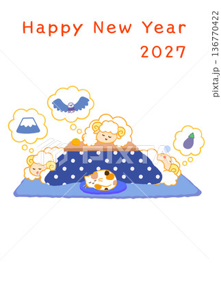 2027年未年年賀状。お正月にのんびりこたつで初夢(一富士二鷹三茄子)を見る3匹のひつじ 2027年未年年賀状。お正月にのんびりこたつで初夢(一富士二鷹三茄子)を見る3匹のひつじ 136770422