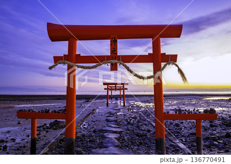 有明海の神秘的な風景 大魚神社の海中鳥居 (佐賀県) 有明海の神秘的な風景 大魚神社の海中鳥居 (佐賀県) 136770491