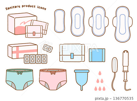 やさしいタッチの生理用品イラストセット|性教育・女性の衛生用品 やさしいタッチの生理用品イラストセット|性教育・女性の衛生用品 136770535