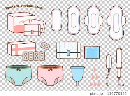やさしいタッチの生理用品イラストセット|性教育・女性の衛生用品 やさしいタッチの生理用品イラストセット|性教育・女性の衛生用品 136770535