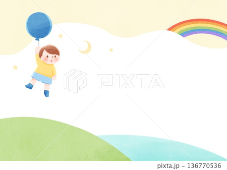 虹のかかる丘を風船で飛ぶ男の子のイラスト 虹のかかる丘を風船で飛ぶ男の子のイラスト 136770536