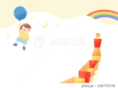 虹のかかる丘を風船で飛ぶ男の子のイラスト 136770538