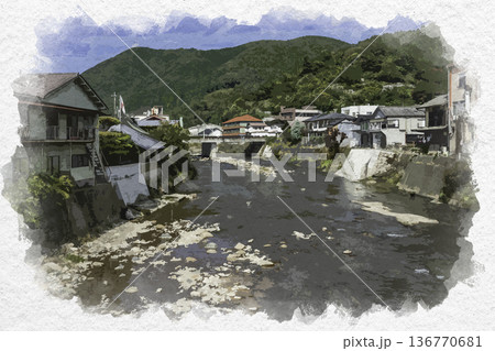 水彩画風 東城の町並み 東城川 広島県庄原市 水彩画風 東城の町並み 東城川 広島県庄原市 136770681