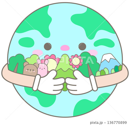 Happy Earth Character Hugging Nature with Mountains Trees Bear and Rabbit for Earth Day Ecology 136770899