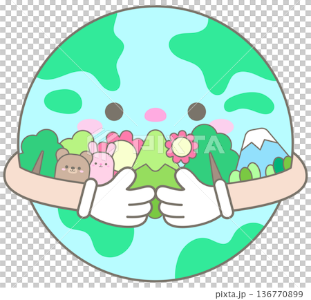 Happy Earth Character Hugging Nature with Mountains Trees Bear and Rabbit for Earth Day Ecology 136770899