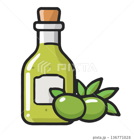 Olive oil bottle green olive cartoon glass healthy organic isolated white background 136771028