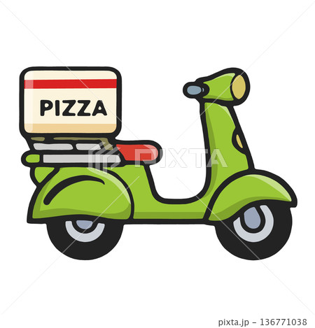 Pizza scooter delivery green cartoon food fast service box transportation cheerful 136771038