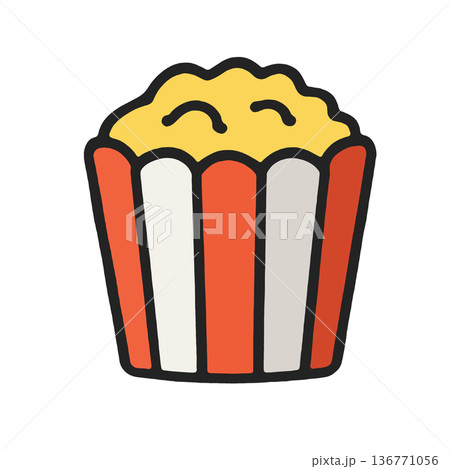 Popcorn snack striped container yellow red white cartoon style isolated cheerful 136771056