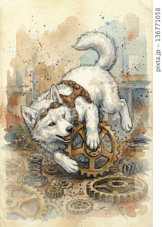 ゴーグルを乗せた可愛い子白狼と歯車のスチームパンク風幻想的水彩イラスト 136771058