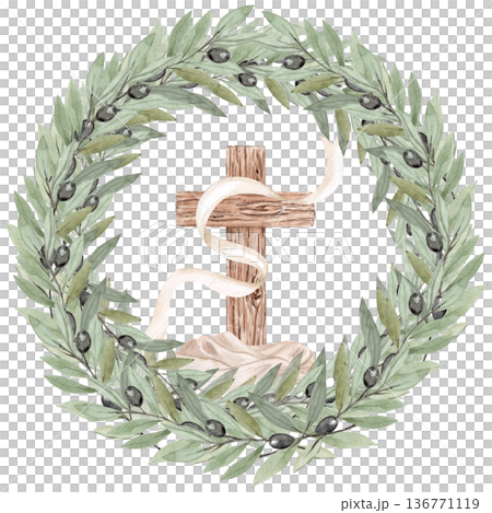 Olive wreath with green leaves, black olives accented by a wooden cross, ribbon, hand-painted watercolor frame isolated on white background, ideal for Lent, church stationery, invitations, Christian 136771119