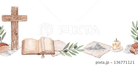 Wooden cross, open book, pile of ash, candle stub, olive branches, bread, linen napkin watercolor seamless religious border on white background. Space for text, suitable for Lent, church 136771121