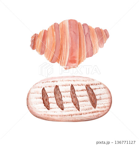 Croissant, artisan bread loaf watercolor bakery set. Hand-painted illustration isolated on white. Fresh baked pastry collection perfect for cafe menus, packaging, branding and food design projects Croissant, artisan bread loaf watercolor bakery set. Hand-painted illustration isolated on white. Fresh baked pastry collection perfect for cafe menus, packaging, branding and food design projects 136771127