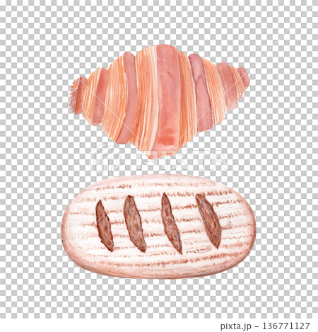 Croissant, artisan bread loaf watercolor bakery set. Hand-painted illustration isolated on white. Fresh baked pastry collection perfect for cafe menus, packaging, branding and food design projects Croissant, artisan bread loaf watercolor bakery set. Hand-painted illustration isolated on white. Fresh baked pastry collection perfect for cafe menus, packaging, branding and food design projects 136771127