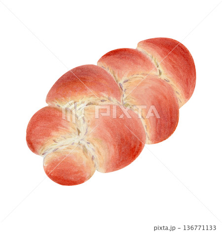 Braided bread loaf, hand-painted watercolor illustration isolated on white. Fresh baked bakery product golden crust texture, perfect for cafe menus, packaging design, food branding, recipe projects Braided bread loaf, hand-painted watercolor illustration isolated on white. Fresh baked bakery product golden crust texture, perfect for cafe menus, packaging design, food branding, recipe projects 136771133