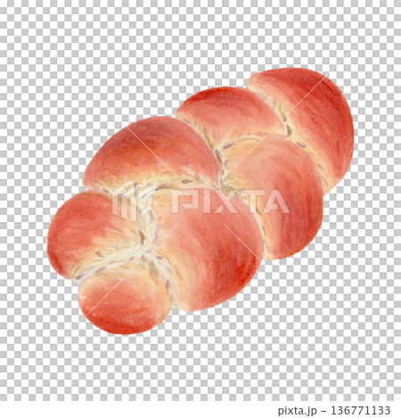 Braided bread loaf, hand-painted watercolor illustration isolated on white. Fresh baked bakery product golden crust texture, perfect for cafe menus, packaging design, food branding, recipe projects Braided bread loaf, hand-painted watercolor illustration isolated on white. Fresh baked bakery product golden crust texture, perfect for cafe menus, packaging design, food branding, recipe projects 136771133