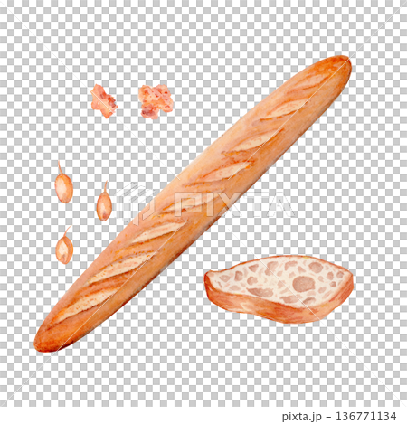 Baguette loaf with slice and wheat grains, hand-painted watercolor illustration isolated on white background. Ideal for bakery branding, menu layouts, food packaging, recipe books and artisan labels Baguette loaf with slice and wheat grains, hand-painted watercolor illustration isolated on white background. Ideal for bakery branding, menu layouts, food packaging, recipe books and artisan labels 136771134