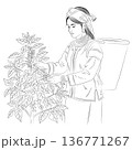 Hand drawn line art of a tribal woman harvesting coffee beans in a highland plantation. 136771267