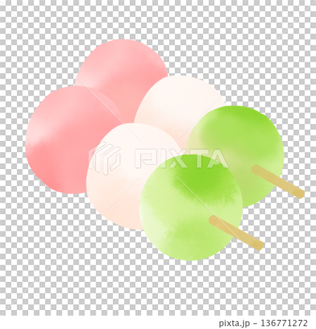 水彩風の二本の三色団子のイラスト 春の和菓子素材 136771272