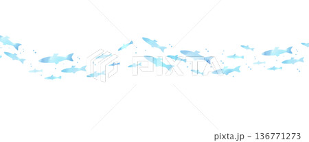 水彩風の魚の群れのイラスト 波のようなライン素材 水彩風の魚の群れのイラスト 波のようなライン素材 136771273
