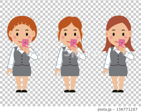 一位身穿灰色職業制服的年輕女子正在查看她的智慧型手機。第二部分 136771287