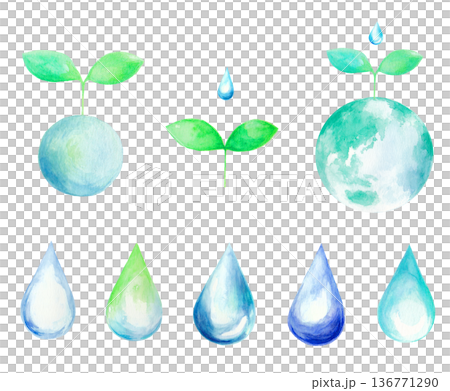 Ecology image icon set: leaves, young leaves, drops 136771290