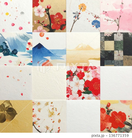 《AI画像》様々な種類の和紙が並ぶ背景素材 136771359