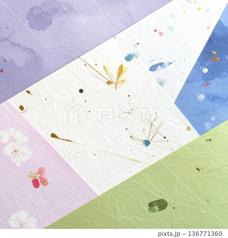 《AI画像》様々な種類の和紙が並ぶ背景素材 136771360