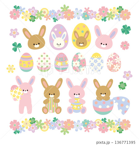 イースターエッグとうさぎとお花とクローバーのイラストセット イースターエッグとうさぎとお花とクローバーのイラストセット 136771395